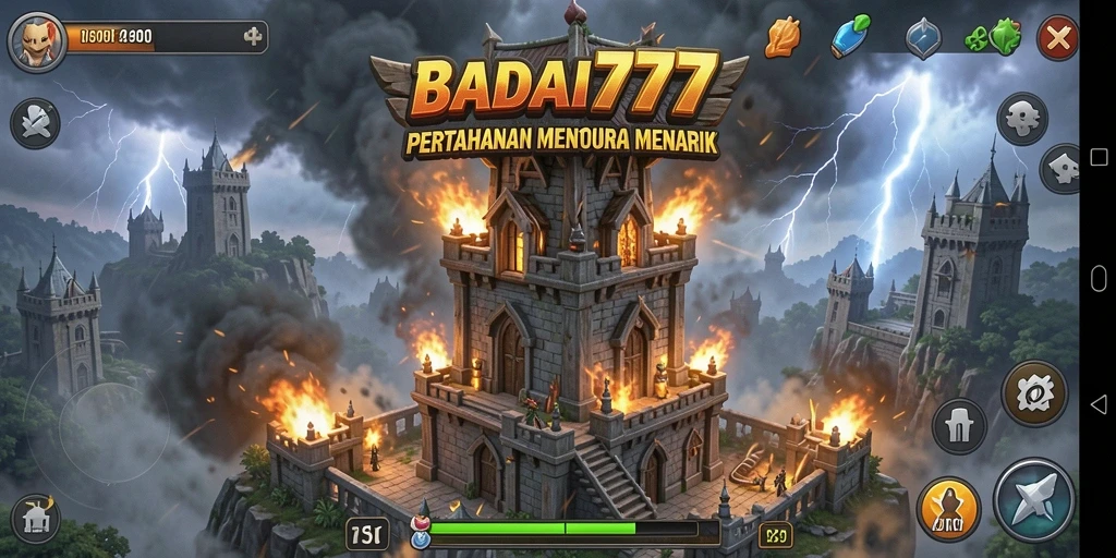 Gameplay seru Tower Defense BADAI777 dengan menara strategis.